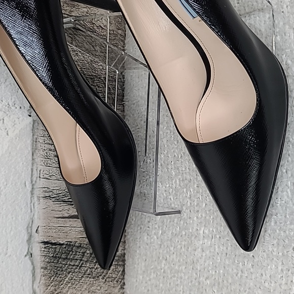 Prada Saffiano Vernice Textured Leather Pointy Toe Stiletto Pumps in Black - Picture 11 of 17